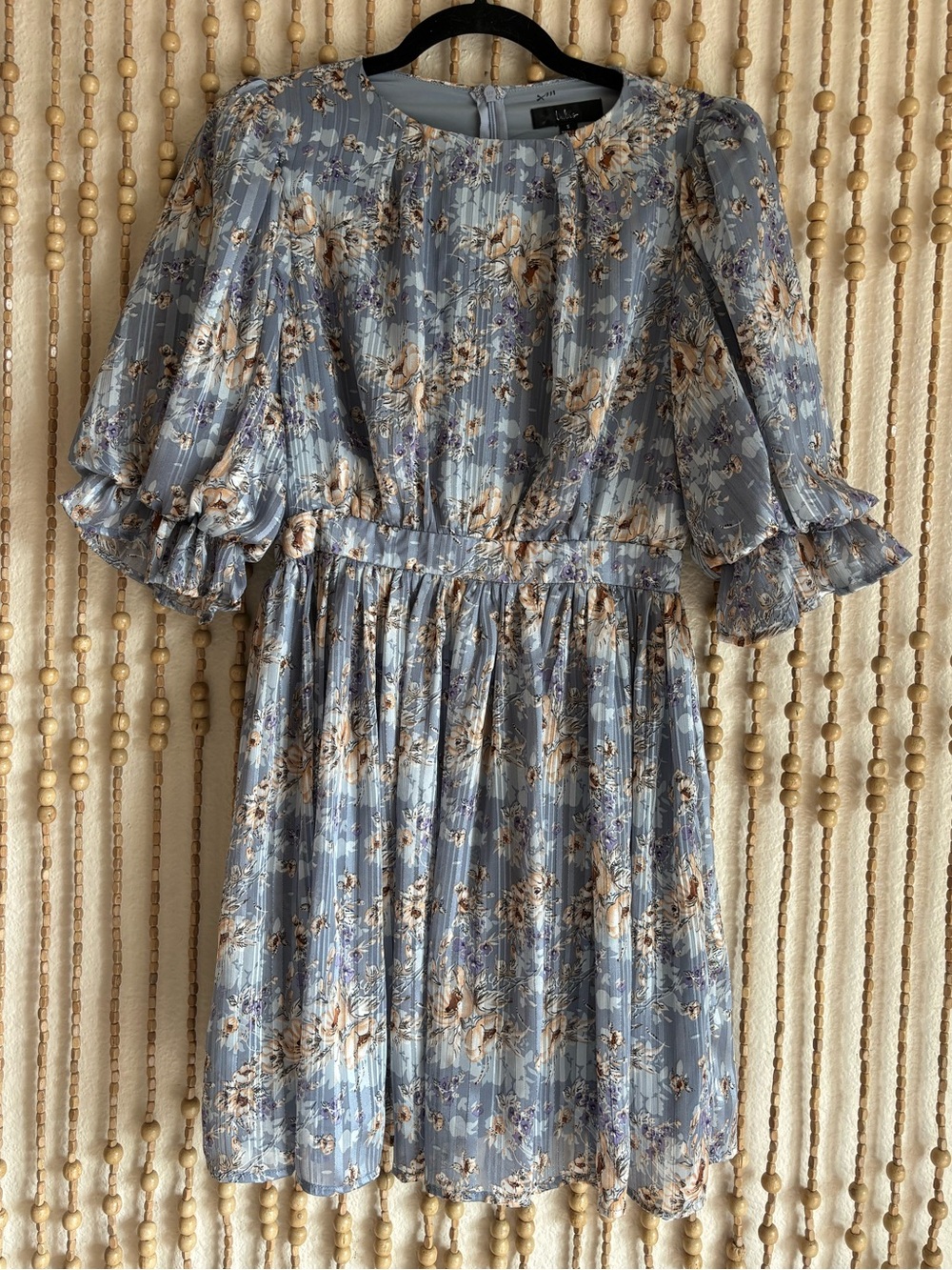 Lulus Vintage Floral Blue Ornate Metallic Cottage Coquette Puff Sleeve Dress Sm